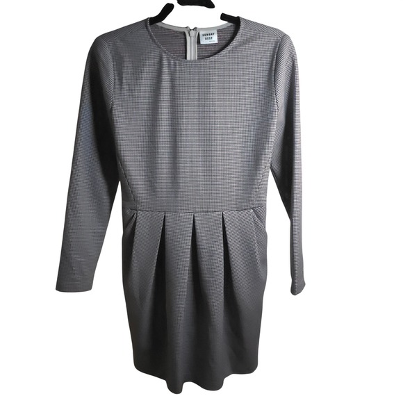 Aritzia Sunday Best Tartine Pleated Dress Gray Houndstooth Fit&Flare Long Sleeve - Picture 2 of 10